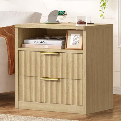 Fluted Night Stand, Nighstand with Charging Station and LED Light, Modern Bed Side Table for Small Space, Storage Drawer and Open Shelf, for Bedroom, Natural - color: Unbzx024rd-zf
