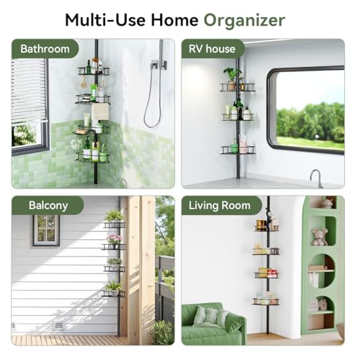 Corner Shower Caddy Tension Pole-4 Tier Adjustable Bathroom Shower Organizer with Soap Holder, Rustproof Shower Shelves Shower Rack for Inside Shower, Bathtub Shampoo Storage 29-118", Black