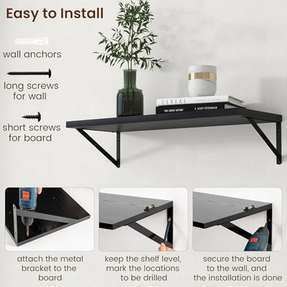 Deep Floating Shelves - 30 Inch Black Floating Shelves Set of 2-12 Inch Deep Wood Wall Shelves for Living Room Bathroom Kitchen - color: Black, size: 30W x 12D