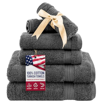 American Veteran Towel, 6 Piece Towel Set for Bathroom, 100% Cotton Turkish Bathroom Towels, 2 Bath Towels 2 Hand Towels 2 Washcloths, Dark Gray - color: Grey, size: X Large 6 PC
