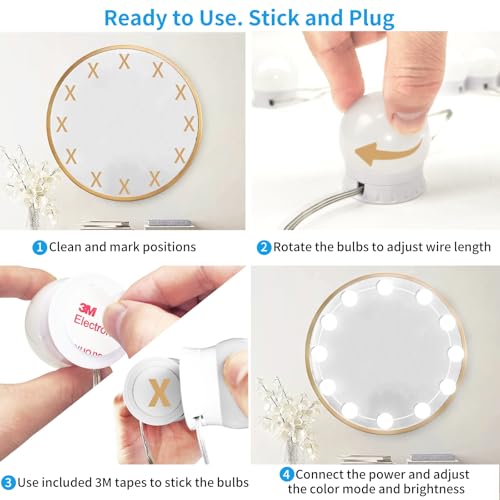 LED Vanity Mirror Lights with 12 Stick On Dimmable Bulbs, 3000K 4500K 6500K & 10 Brightness Levels Adjustable, Plug in USB Cable, Hollywood Style Mirror Lights for Makeup Desk Bathroom Dressing Room - size: 12 Bulbs