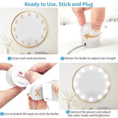 LED Vanity Mirror Lights with 12 Stick On Dimmable Bulbs, 3000K 4500K 6500K & 10 Brightness Levels Adjustable, Plug in USB Cable, Hollywood Style Mirror Lights for Makeup Desk Bathroom Dressing Room - size: 12 Bulbs