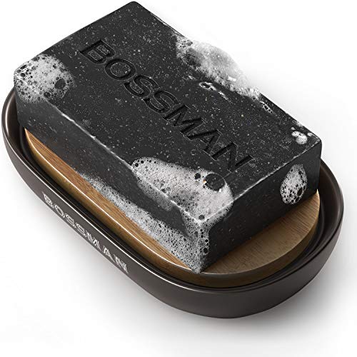 Bossman Soap Dish - Bathroom and Shower Soap Bar Holder - Premium Ceramic Base - Removable Natural Bamboo Soap Tray (Black) - color: Black