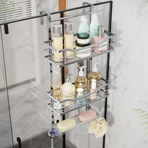 SWTYMIKI Over the Door Shower Caddy - 3 Tier Adjustable Shower Organizer Hanging with Soap Holder, No Drilling Stainless Steel Bathroom Rack Hanging for Body Wash, Shampoo, Soap, Razor, Silver - color: Silver-3 Tier