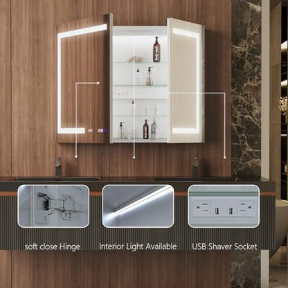 42" W Smart Lighted Medicine Cabinet with Mirror for Bathroom, Recessed/Surface Mount Medicine Cabinet with Anti-Fog, 1800W Charging Station, USB Ports, 3 Color Lights