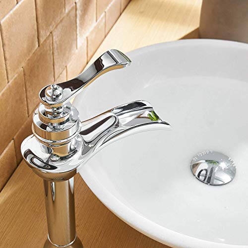 BWE Chrome Vessel Sink Faucet Waterfall Bathroom Faucets 1 Hole | Single Handle Bathroom Vanity Faucet with Pop Up Drain Stopper Assembly and Supply Hose Lavatory Mixer Tap Tall Body - color: Chrome
