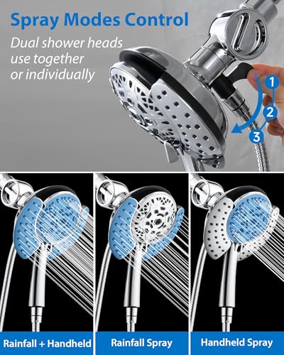 2 in 1 Shower Head with Handheld Combo High Pressure Chrome 2.5 GPM | 7.2" Rain Showerhead and 10 Spray Hand Held Shower, Adjustable Shower Angle, 59-inch Rotatable Stainless Steel Hose - color: Chrome, size: 2.5 GPM