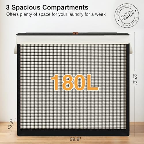 STO STO Laundry Hamper 3 Section with Lid, 180L Large 3 Compartment Laundry Sorter, Laundry Basket with Removable Washable Liner Bag, Breathable Clothes Hamper for Bedroom Bathroom Laundry Room Closet - size: 3-Section
