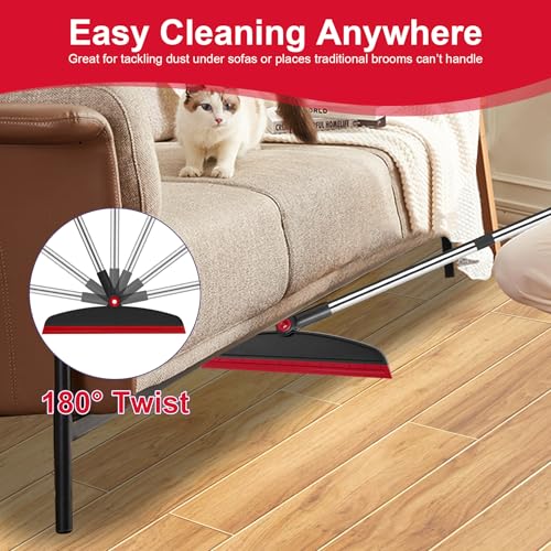 Broom and Dustpan Combo Set, 51" Long Handle with Silicone Squeegee | Wet & Dry Cleaning for Pet Areas, Built-in Comb Dustpan, Foldable Space-Saving Storage, Multi-Surface Floor Cleaning - color: Red