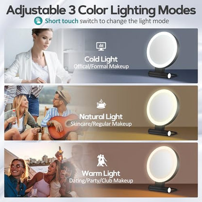 Magnifying Mirror with Light 30X, Double-Sided 1X/ 30X Magnifying Makeup Mirror with Tweezer, 2000mAh 3 Colour Modes with Adjustable Brightness,Foldable Compact Travel Mirror(Black) - color: Black