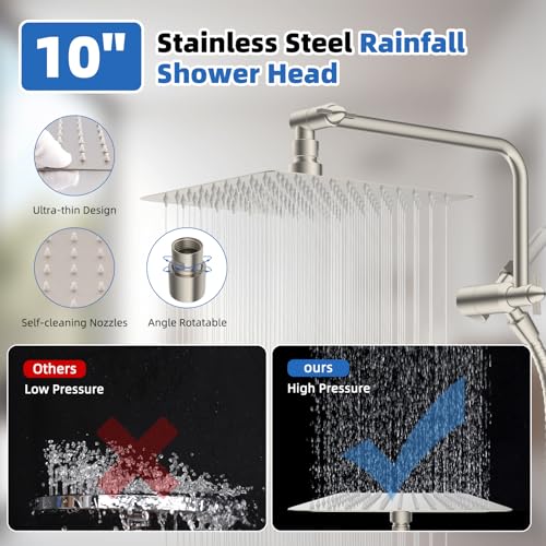 10" Metal Rainfall Shower Head with 10-Mode Handheld, Brushed Nickel | NSF/ANSI/CAN 372 Certified, High Pressure Showerhead Combo with 11" Adjustable Shower Arm, 71" Hose, Shower Head Holder - color: Brushed Nickel, style: Square 10"