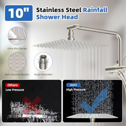 10" Metal Rainfall Shower Head with 10-Mode Handheld, Brushed Nickel | NSF/ANSI/CAN 372 Certified, High Pressure Showerhead Combo with 11" Adjustable Shower Arm, 71" Hose, Shower Head Holder - color: Brushed Nickel, style: Square 10"