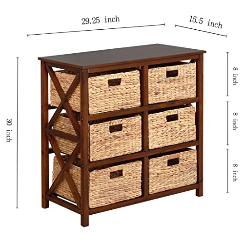 3 Tier X-Side End Storage Cabinet, Walnut | 6 Wicker Baskets - color: Walnut, size: 15.5"D x 29.3"W x 30"H (6 Drawers)
