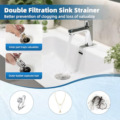 Universal Upgraded Bathroom Sink Drain Stopper Hair Catcher, Brushed Nickel | 4-IN-1 Pop-Up Sink Strainer with 2-Layer Removable Stainless Steel Basket, Anti-Clog Drain Plug for 1.1"-2.36" Basin - color: Brushed Nickel