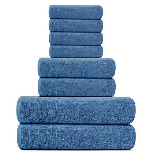 Tens Towels 8 Piece Towel Set, 2 XL Bath, 2 Hand, 4 Washcloth, Blue | 100% Cotton, Lighter Weight, Quicker to Dry, Super Absorbent, Perfect for Bathroom - color: Blue