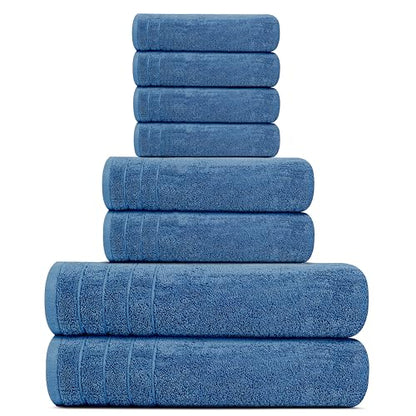8 Piece Towel Set, 2 XL Bath, 2 Hand, 4 Washcloth, Blue | 100% Cotton, Lighter Weight, Quicker to Dry, Super Absorbent, Perfect for Bathroom - color: Blue