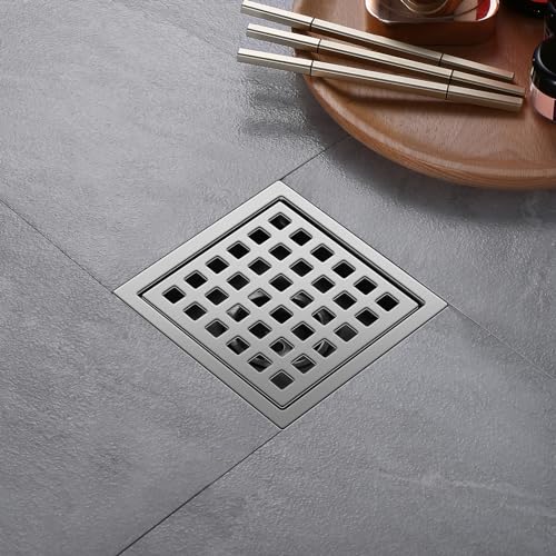 Shower Drain, Chrome 4 inch Square Shower Floor Drain with Flange, Silver Removeable Grid Panel SUS 304 Stainless Steel Square Shower Drain - color: Chrome, size: 4 inch