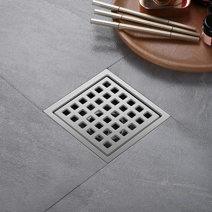 Shower Drain, Chrome 4 inch Square Shower Floor Drain with Flange, Silver Removeable Grid Panel SUS 304 Stainless Steel Square Shower Drain - color: Chrome, size: 4 inch