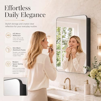 16x24 Medicine Cabinet with Mirror, Aluminum Bathroom Wall Organizer, Pre-Assembled, Center Partition for Tall Bottles, 6 Adjustable Shelves, Soft-Close, Recessed/Surface Mount, Matte Black - size: 16" x 24"