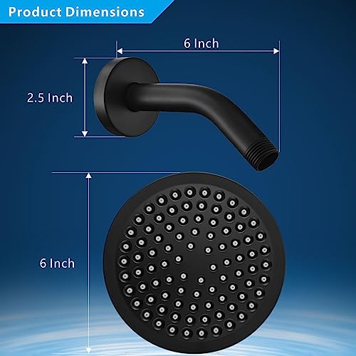 High Pressure Rain Shower Head with Arm - High Flow Rainfall Showerhead - Luxury Modern Look - Pressure Boosting (6" Shower Head with 6" Arm, Matte Black) - color: Midnight Black Matte