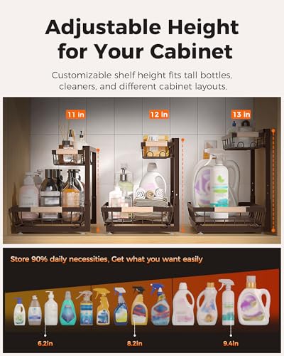3-Pack 2-Tier Height Adjustable Under Sink Organizer, Brown | Multi-purpose metal storage shelf with sliding shelves for kitchen, bathroom, pantry & laundry cabinet - color: Brown