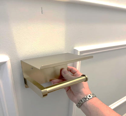 Premium Toilet Paper Holder with Phone Shelf, Wall Mounted, for Bathroom, Living Room, Restroom, RV, and so on, Stainless Steel-Rustproof,Tissue Roll Holder with Storage Shelf-Gold(YaoJooHome) - color: Gold