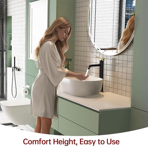 SUMERAIN Bathroom Vessel Sink Faucet Black and Gold, 304 Stainless Steel | Tall, Single Handle, Single Hole, Lead-Free, Water-Saving, with Faucet Supply Lines, Easy DIY Install - color: Black and Gold, size: Vessel Sink faucet