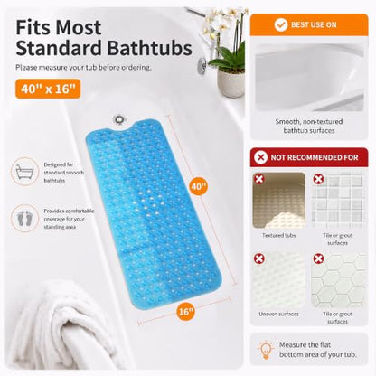 Yimobra Non Slip Bathtub Mat 40 x 16 Inch, Extra Long Shower Mat with Drain Holes, Machine Washable Baby Bath Mats, Strong Suction Cups for Bathroom Floor, Clear Blue - color: Clear Blue