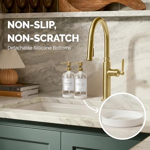 Vine Creations Clear Glass Soap Dispenser, 2 Pack Kitchen Soap Dispenser Set with Stainless Steel Pump, 16 oz Dish Soap and Hand Soap Dispensers for Bathroom with Waterproof Labels - color: Clear Bottle / Brushed Gold Pump