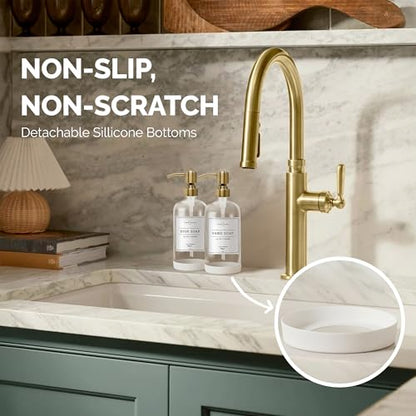 Vine Creations Clear Glass Soap Dispenser, 2 Pack Kitchen Soap Dispenser Set with Stainless Steel Pump, 16 oz Dish Soap and Hand Soap Dispensers for Bathroom with Waterproof Labels - color: Clear Bottle / Brushed Gold Pump