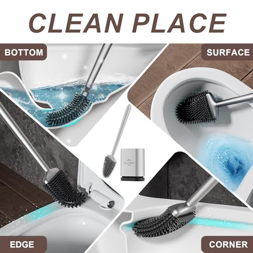 Silicone Toilet Brush, Ventilation Slots Base Holder 1 Pack Silver | Flexible Bristles Flat Head for Rim, Hair Tangle-Free, Easy to Clean, Compact Design, Rustproof Handle, for Toilet/Sink/Tub - color: Silver-1pcs