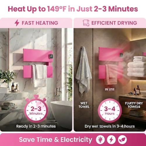 2 Panel Pink Heated Towel Rack for Bathroom Towel Warming | Fast-heat in 2-3 minutes. Dry towels in 4 hours. Smart thermo control and precise timer, Work with Smart Plug. - size: 2 Panel