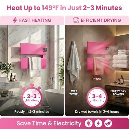 2 Panel Pink Heated Towel Rack for Bathroom Towel Warming | Fast-heat in 2-3 minutes. Dry towels in 4 hours. Smart thermo control and precise timer, Work with Smart Plug. - size: 2 Panel