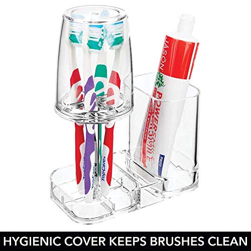mDesign Modern Plastic Bathroom Vanity Countertop Toothpaste & Toothbrush Holder Stand with Rinsing Cup/Cover - Dental Center Holds Electric Toothbrushes - Clear