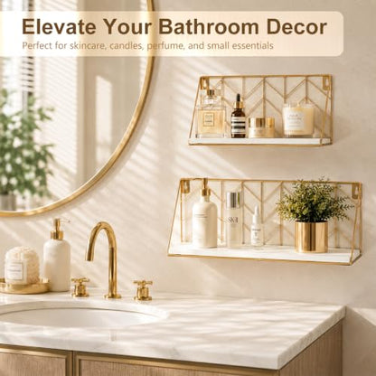 ZGZD White and Gold Floating Shelves Set of 2, Modern Geometric Wall Shelf for Bathroom, Bedroom,Kitchen, Office，Living Room Decor