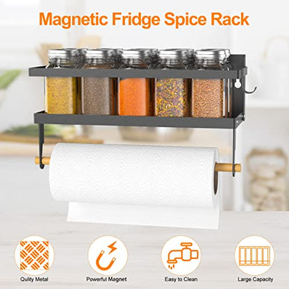 Spice Rack Magnetic Shelf, Foldable Refrigerator Magnetic Spice Holder, Wall Mounted Seasoning Organizer Hanging Spice Storage Stand with Paper Towel Holder Roll & Hooks - color: Black