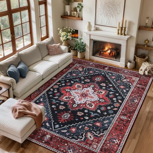 Ciicool Washable Area Rug - 6x9 Vintage Bedroom Rug Dining Room,Non-Slip Oriental Throw Low Pile Carpet for Office Kitchen Entryway Living Room - color: Dark Blue/Red, size: 6' x 9' (Rectangular)
