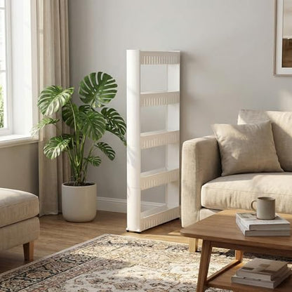 Lavish Home Slim Rolling Storage Cart, White, 21.5” x 5” x 52” - size: 5-Tier