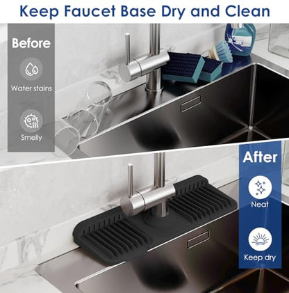 14.6 Inch Silicone Faucet Mat for Kitchen Sink Splash Guard, 7° Slope | 14.6"x5.5" water draining mat with fasten button; 1.6-2.75" customizable hole for bathroom, RV & kitchen sink drip catcher.