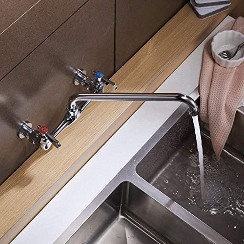 Wall Mount Kitchen Faucet Commercial Sink Faucet with 8 Inch Swivel Spout | Two Handles,8 Inches Center,Gooseneck 360° Rotating Spout,Faucet for Restaurant/Laundry/Utility Sinks,Lead-Free,Chrome Finish - size: 8 Inch