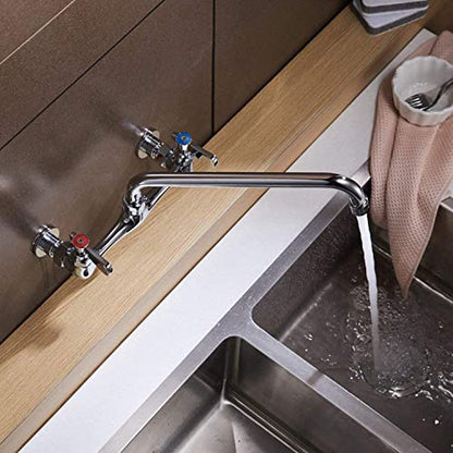 Wall Mount Kitchen Faucet Commercial Sink Faucet with 8 Inch Swivel Spout | Two Handles,8 Inches Center,Gooseneck 360° Rotating Spout,Faucet for Restaurant/Laundry/Utility Sinks,Lead-Free,Chrome Finish - size: 8 Inch
