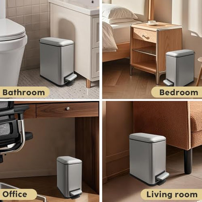 Bathroom Trash Can, Small Trash Can with Lid, Grey Garbage Can | 1.3 Gallon Trash Can with Removable Liner, Soft Close lid & Step Pedal, Stainless Steel Trash Can for Bathroom,Bedroom,Office - color: Grey