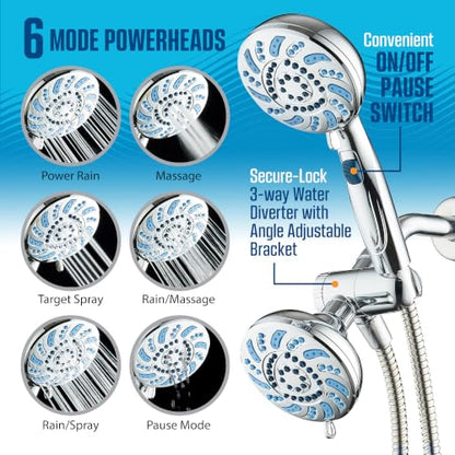 AquaCare 2026 High Pressure Dual Handheld Shower Head Combo w/Pause Switch | Detachable Showerhead Wand, Stay-Clean Jets, Extra-long 6 ft. Stainless Steel Hose, Dual Wall & Overhead Brackets / Chrome - color: Chrome