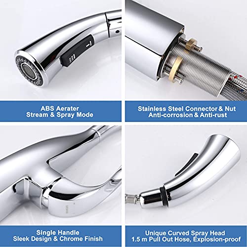 WOWOW Kitchen Faucet with Pull Down Sprayer, Pull Down Faucet with Dual Function Sprayer, Single-Handle Rv Utility Sink Faucets Kitchen, Leak Free Elegant Gooseneck Chrome Bar Sink Cold Water Faucets - color: Chrome Kitchen Faucet, style: Kitchen Faucet