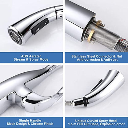 WOWOW Kitchen Faucet with Pull Down Sprayer, Pull Down Faucet with Dual Function Sprayer, Single-Handle Rv Utility Sink Faucets Kitchen, Leak Free Elegant Gooseneck Chrome Bar Sink Cold Water Faucets - color: Chrome Kitchen Faucet, style: Kitchen Faucet