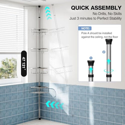 Corner Shower Caddy Tension Pole: Stainless Steel Rustproof 4-Tier Shower Organizer - 47-121 inch Adjustable Bathroom Shelves for Bathtub Shampoo Storage - Tension Rod Floor Standing Bath Rack - style: A Style-Silver