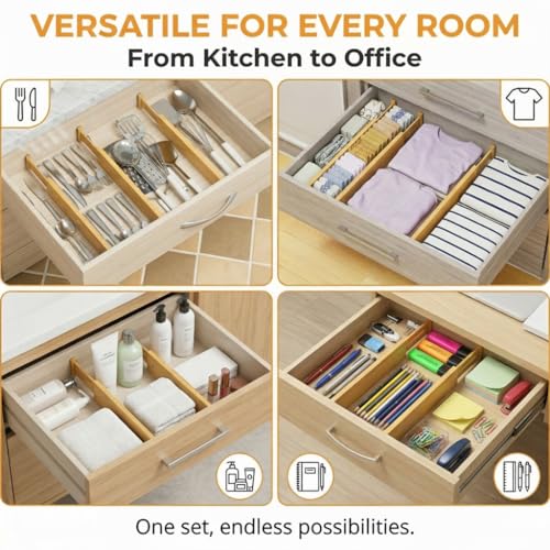 FUSHITON Bamboo Drawer Dividers 17"-22" Adjustable Expandable Drawer Organizers Spring Loaded Drawer Separators for Kitchen Dresser Bathroom Bedroom Office Storage, 4 Pack