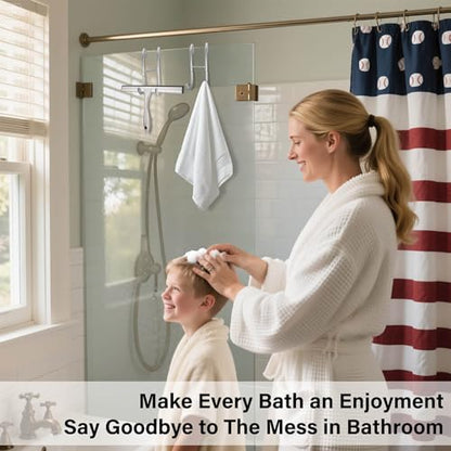 Shower Door Hooks for Towels & Squeegee - No Drill Bathroom Hooks for Frameless Glass Door, Shiny Silver Stainless Steel with Anti-Slip Rubber (2 Pack)