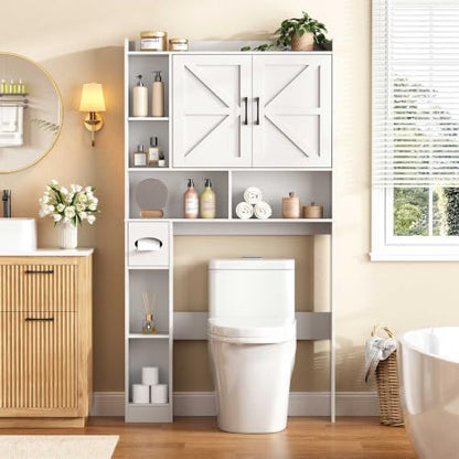 Vabches Over The Toilet Storage Cabinet with 2 Barn Doors, White | Toilet Paper Holder Stand，Home Space-Saving Toilet Rack, for Bathroom, Restroom, Laundry - color: White