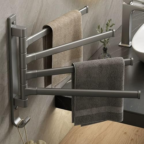 Towel Rack,180° Swivel Towel Rack,Advanced Materials Multi-Arm Towel Bar,Space Saving Wall Mounted Towel Holder with Hook,Rustproof Swing Out Towel Hanger for Bathroom,Kitchen(Gray,4 Poles) - color: Gray, size: 4 poles